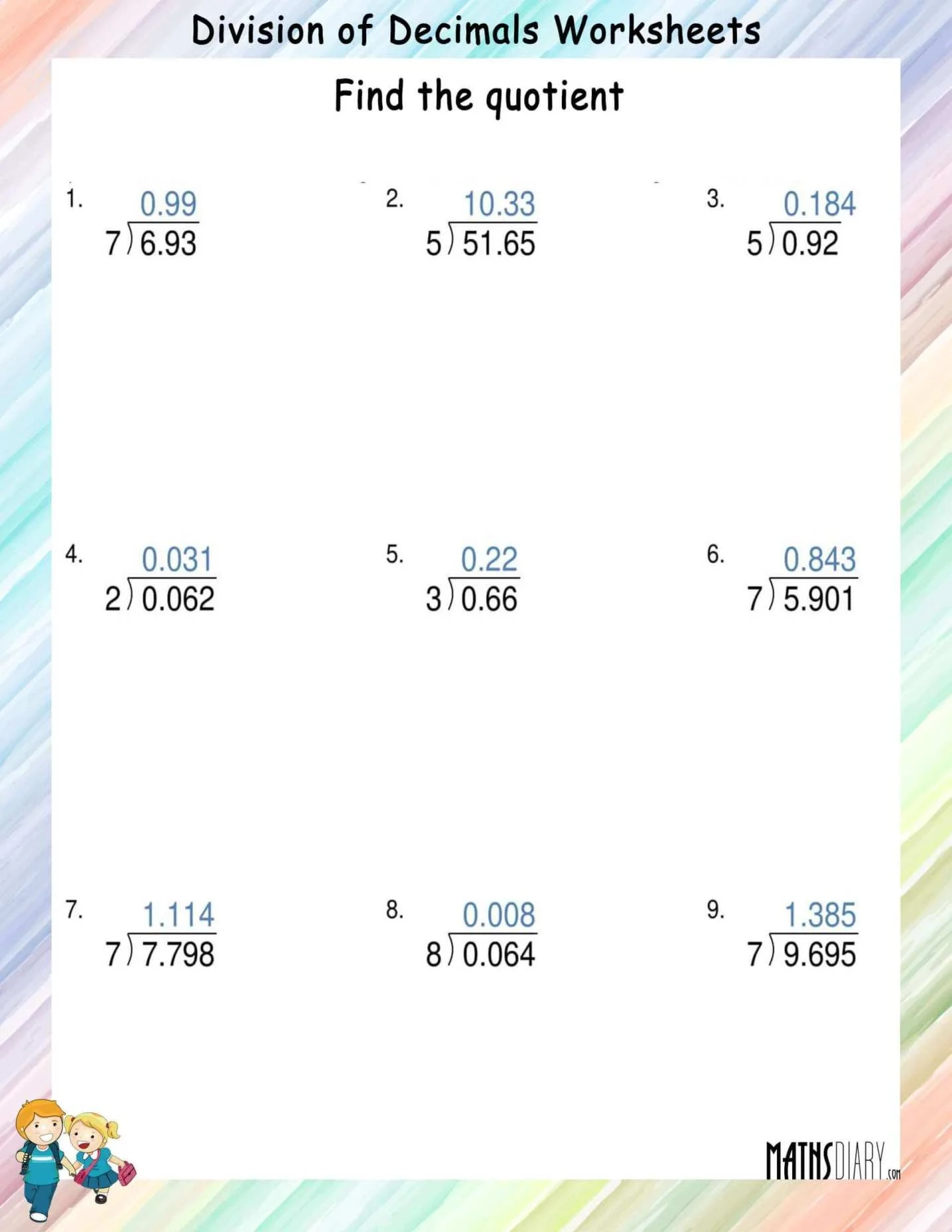 Long Division Of Decimal Numbers By Whole Numbers Math Worksheets MathsDiary Long Division Of Decimal Numbers By Whole Numbers Math Worksheets MathsDiary