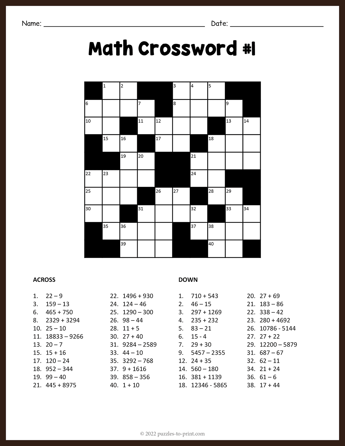 Math Crossword 1 Math Crossword 1