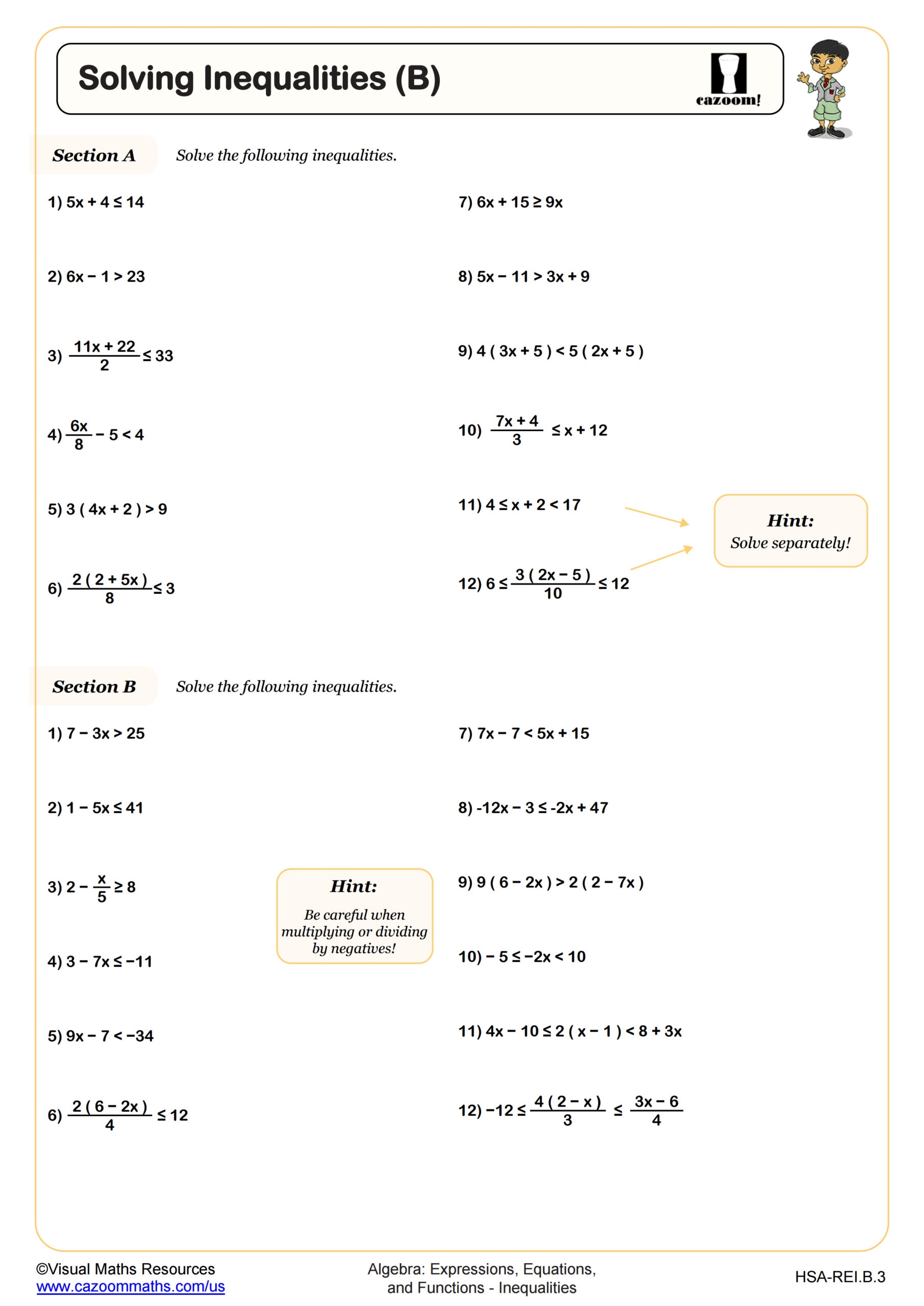 Solving Inequalities B Worksheet PDF Printable Algebra Worksheet