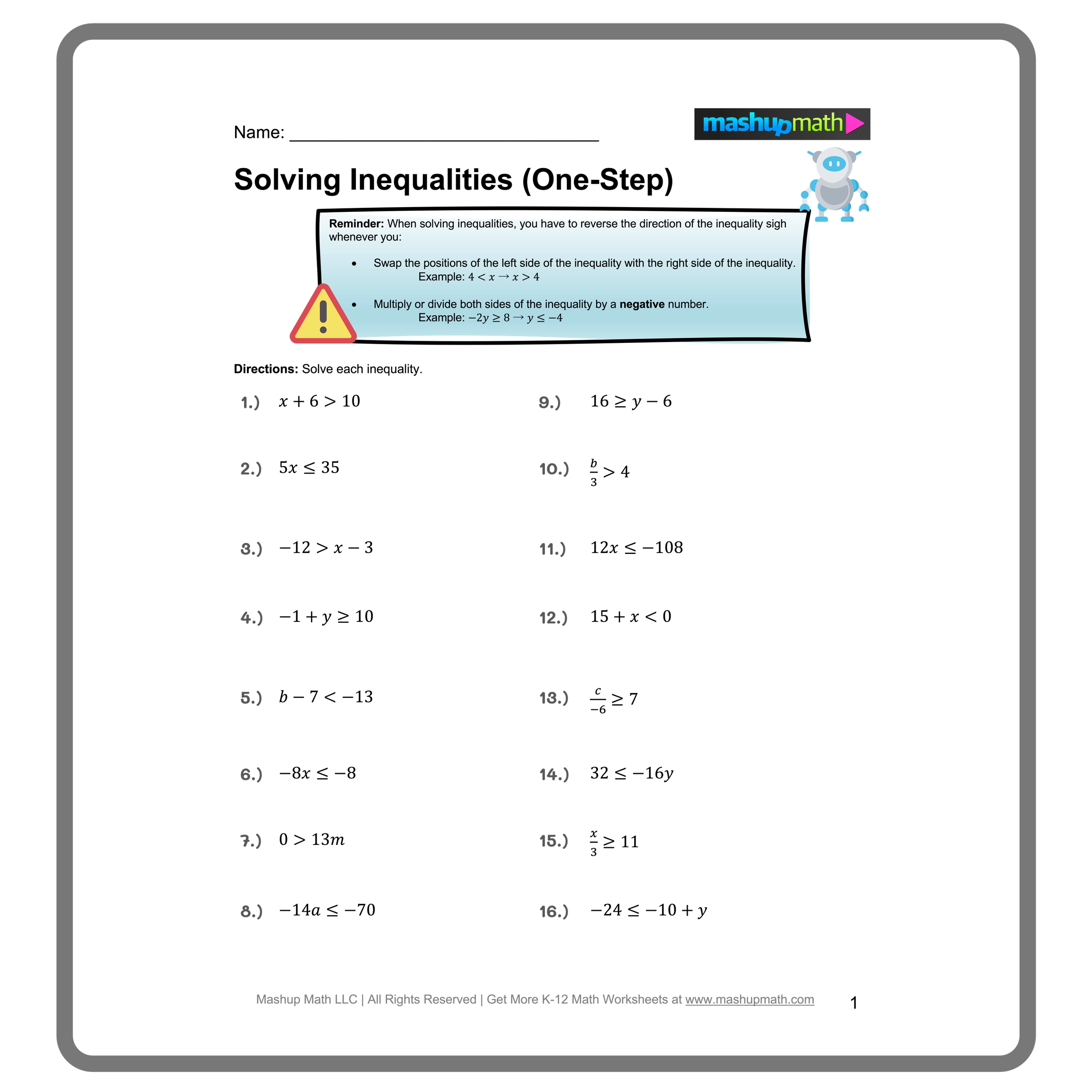 Solving Inequalities Worksheets Printable With Answers Mashup Math