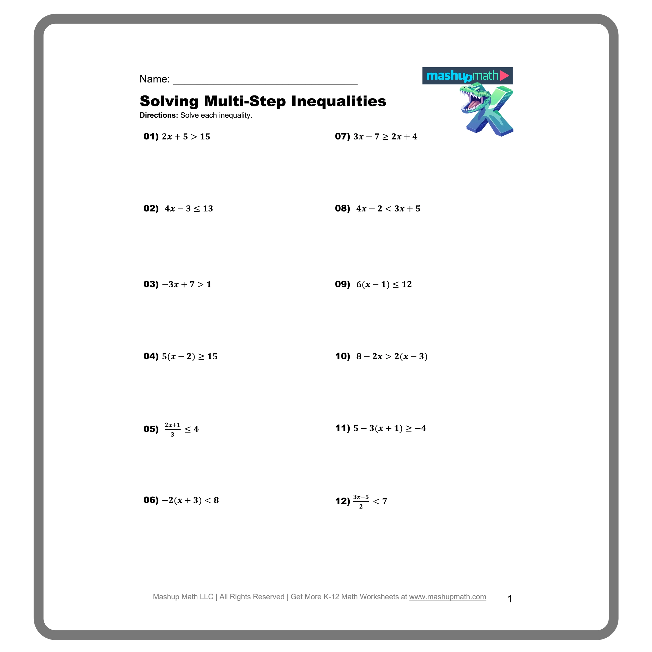 Solving Inequalities Worksheets Printable With Answers Mashup Math